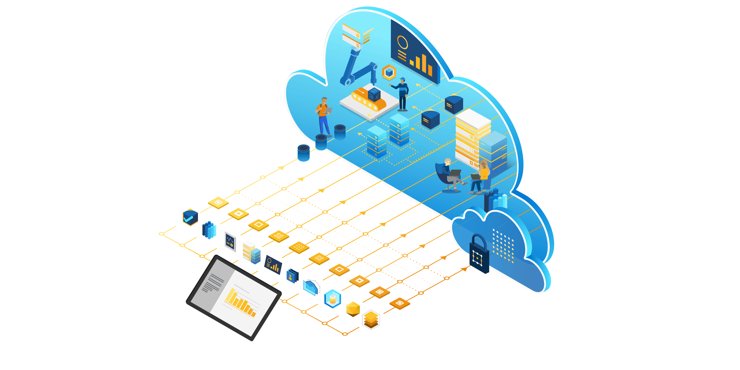 Ilustración isométrica de componentes técnicos para los servicios de campo.